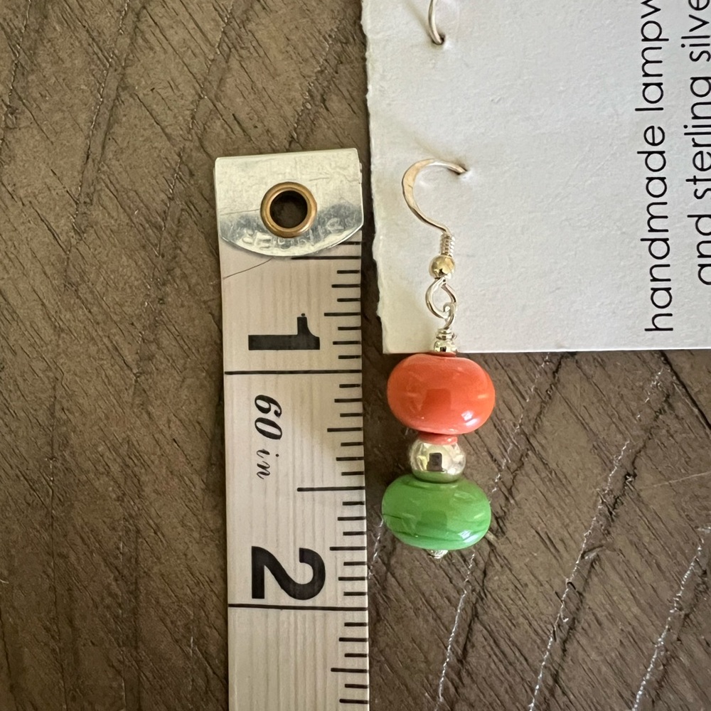 Lampwork Sterling Silver Orange and Green Drop Earrings - Picture 4 of 4
